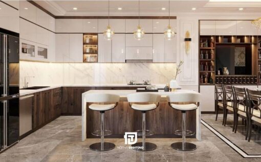 Tủ bếp có quầy bar phủ acrylic DT27