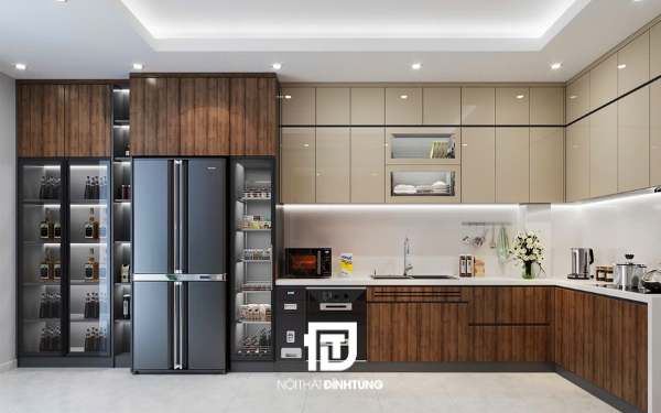 Tủ bếp inox cánh kính chữ L
