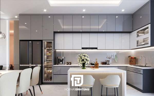 Tủ bếp inox cánh kính chữ L