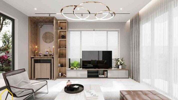 Chọn chất liệu và màu sắc cho nội thất phòng khách kết hợp phòng thờ