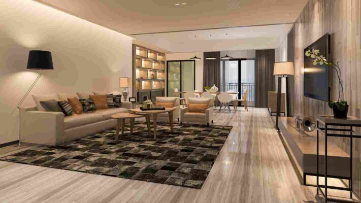 Không gian mở giữa phòng khách và bếp với nội thất tối giản