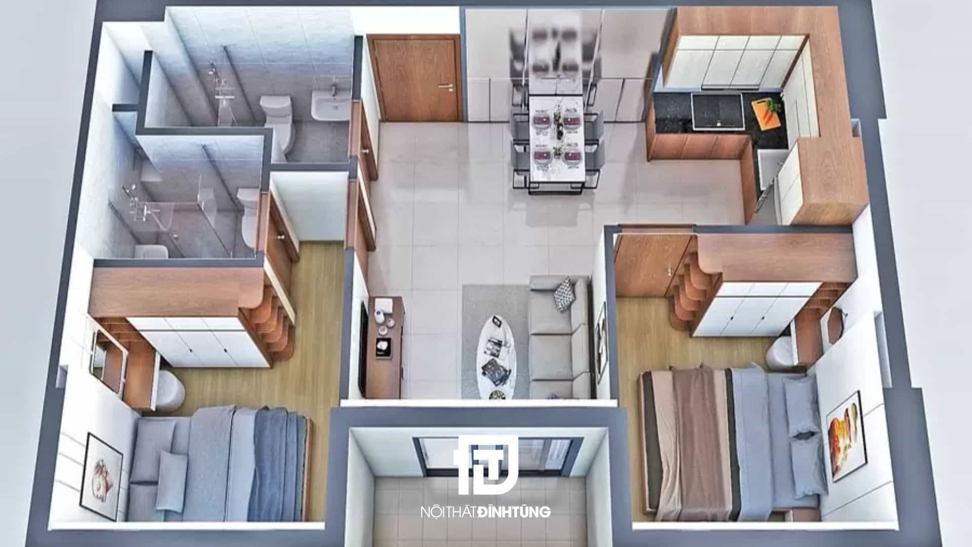thiết kế nội thất chung cư 2 phòng ngủ