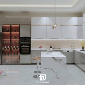Mẫu tủ bếp inox cánh kính chữ L tông trắng kem kèm bàn đảo cho anh Đức tại Hải Dương
