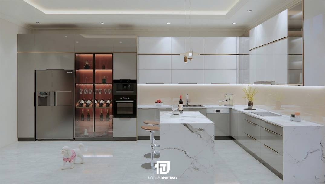 Mẫu tủ bếp inox cánh kính chữ L tông trắng kem kèm bàn đảo cho anh Đức tại Hải Dương