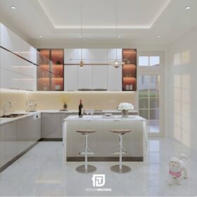 Mẫu tủ bếp inox cánh kính chữ L tông trắng kem kèm bàn đảo cho anh Đức tại Hải Dương