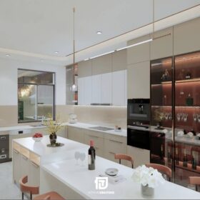Tủ bếp inox cánh kính L tông đen trắng kem có bàn đảo