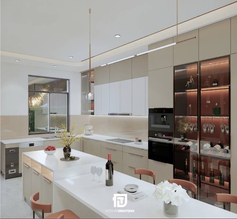 Tủ bếp inox cánh kính L tông đen trắng kem có bàn đảo