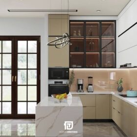 Mẫu tủ bếp inox cánh kính chữ U tông trắng kem chị Mai tại Hà Đông