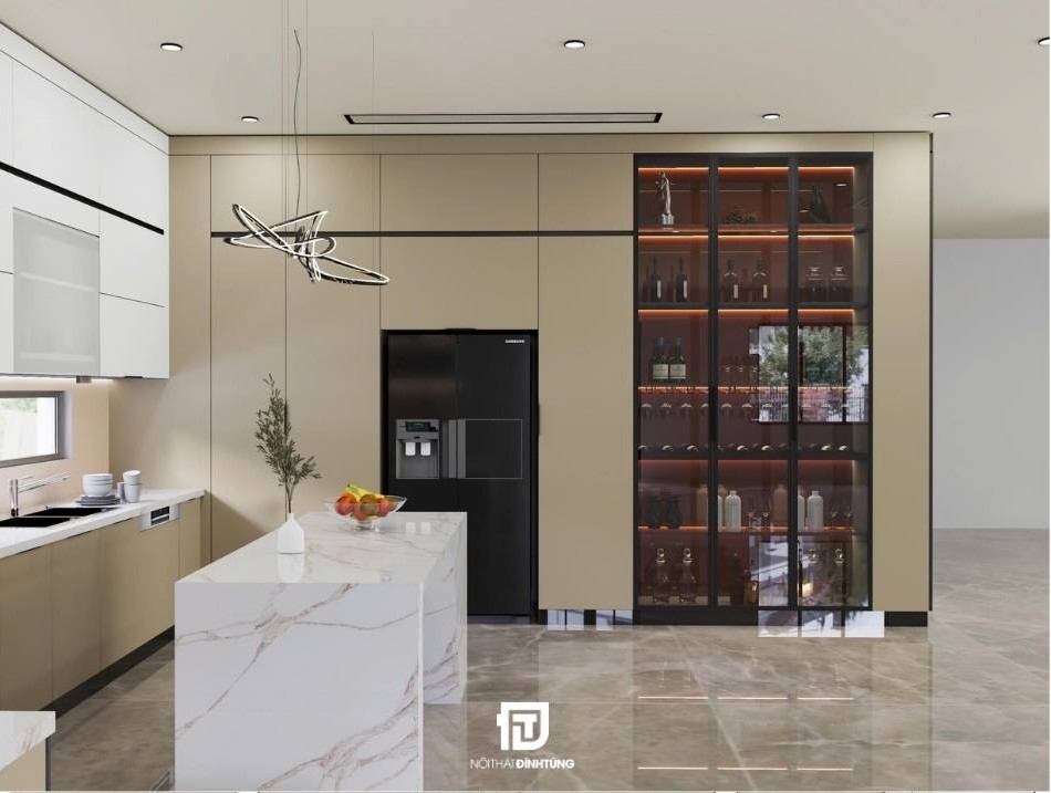 Mẫu tủ bếp inox cánh kính chữ U tông trắng kem chị Mai tại Hà Đông