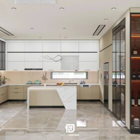 Mẫu tủ bếp inox cánh kính chữ U tông trắng kem chị Mai tại Hà Đông