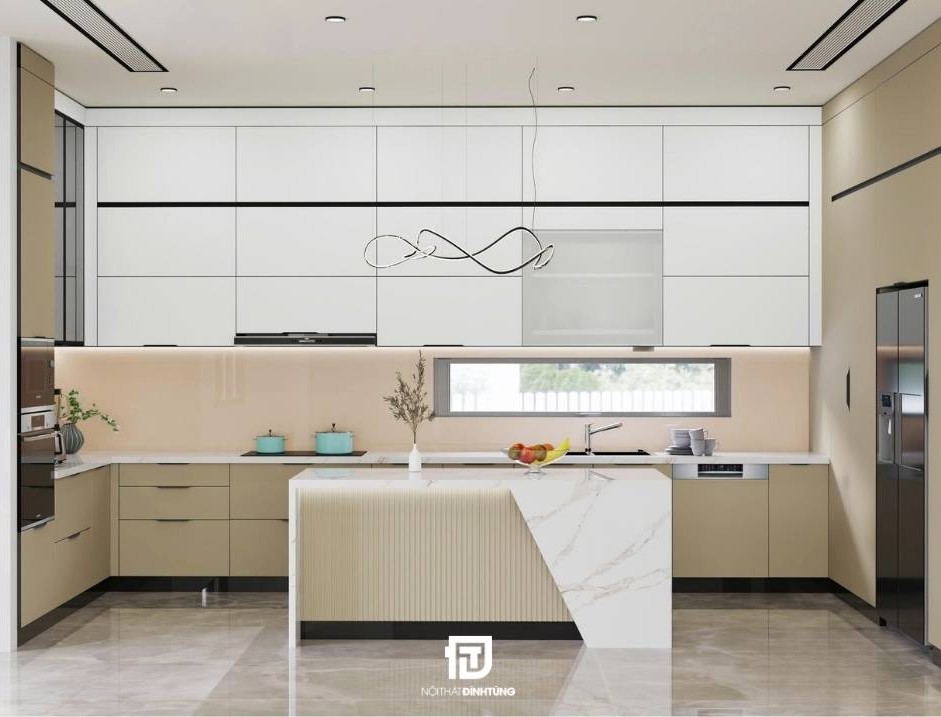 Mẫu tủ bếp inox cánh kính chữ U tông trắng kem chị Mai tại Hà Đông